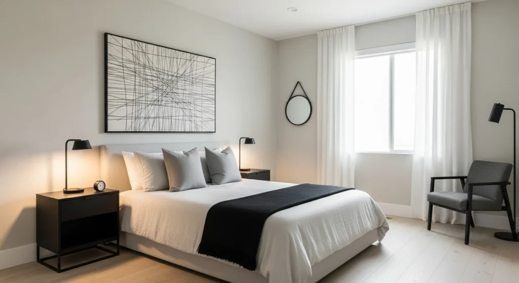 Modern guest bedroom design with black accents adding contrast and style in 2026