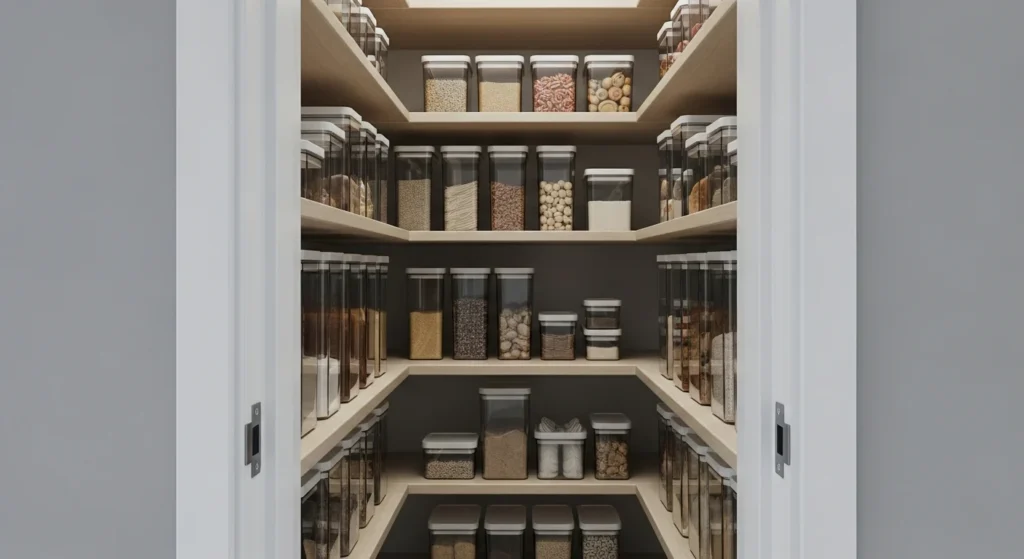 Narrow walk-in pantry with clear storage containers for organized and visible storage