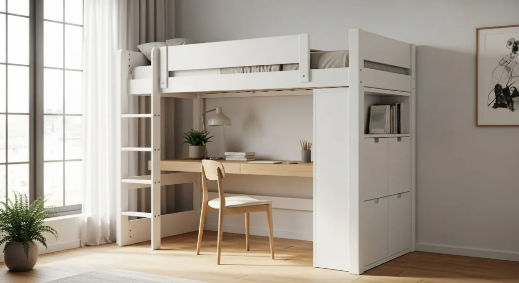 Minimalist white loft bed in a bright small bedroom with under-bed workspace for modern 2026 interior