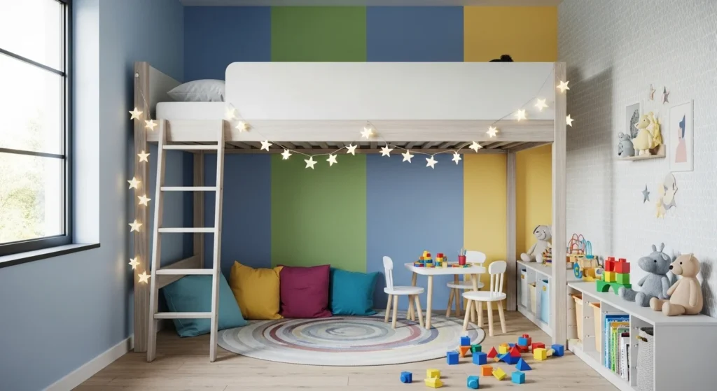 Loft bed with play area underneath, colorful kids’ room with functional 2026 design