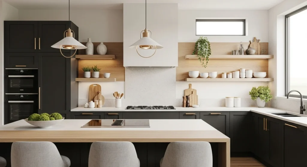 Modern kitchen with wooden accent shelves for display, warm and inviting 2026 interior