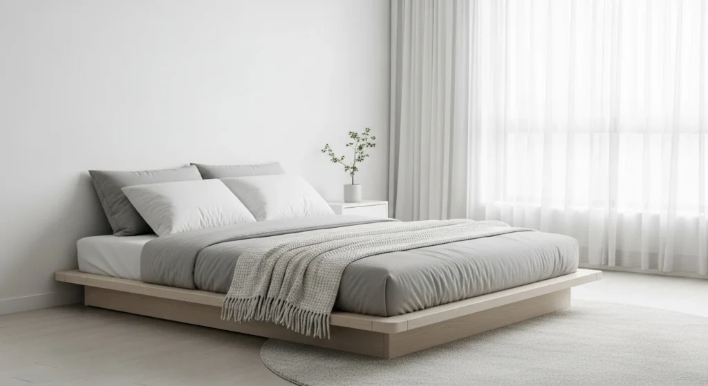 Minimalist platform bed in neutral tones, low-profile design, modern airy bedroom 2026 interior