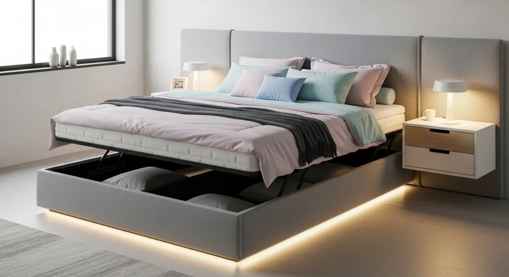 Plush upholstered bed with lift-up storage, soft bedding, functional cozy bedroom 2026