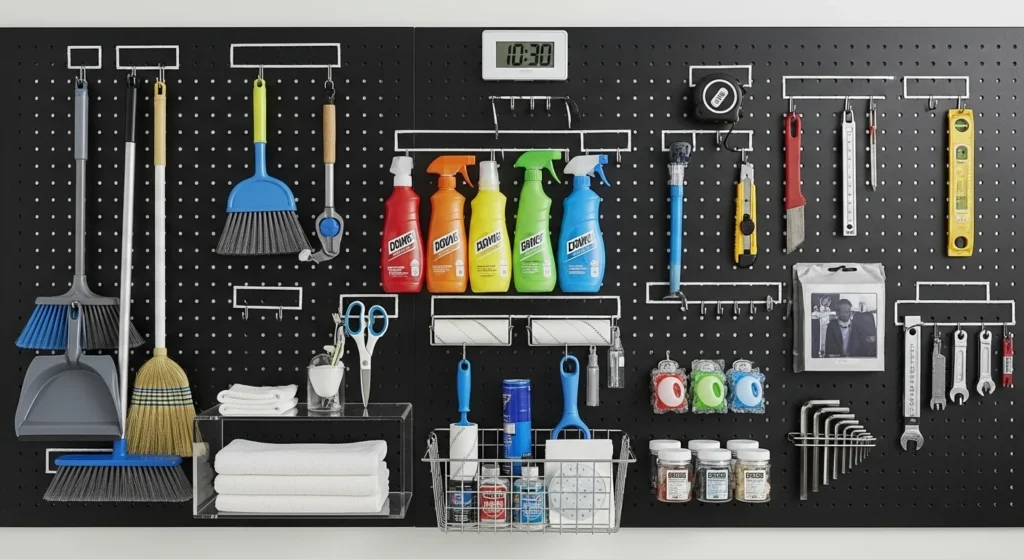 Pegboard wall in laundry room for tools and accessories, modern 2026 organization idea