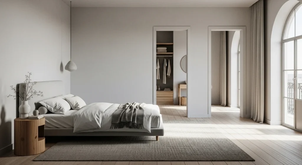 Bedroom layout designed with clear walkways and open movement for a calm environment