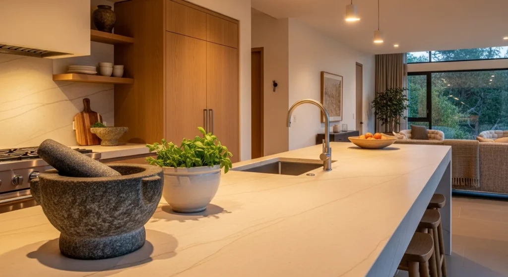 Kitchen counter decorated with a stone mortar and pestle set
