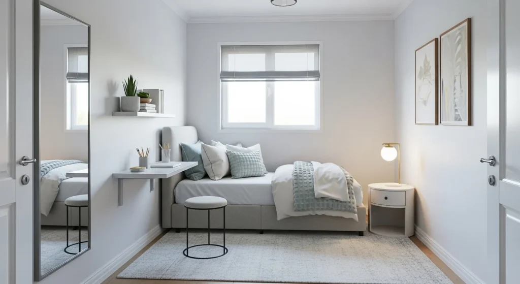 Small guest bedroom with smart layout, light colors, compact furniture, and cozy details
