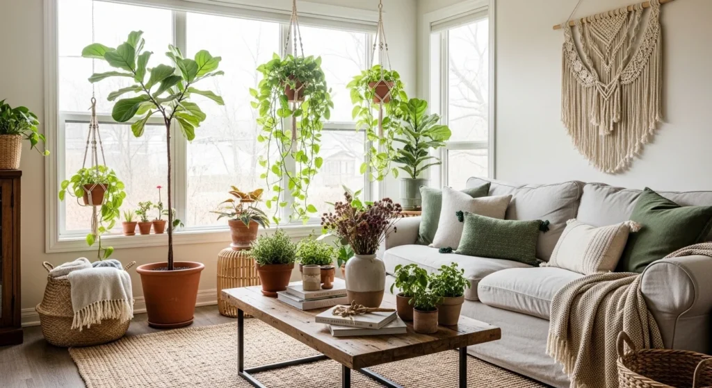 iving room decorated with indoor plants and greenery