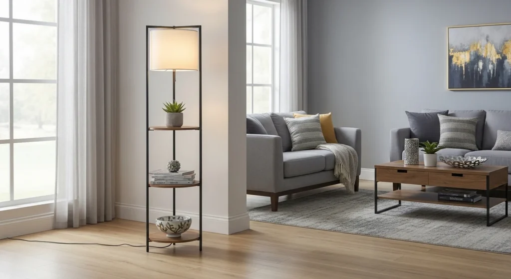 Multifunctional floor lamp with shelves in modern living room