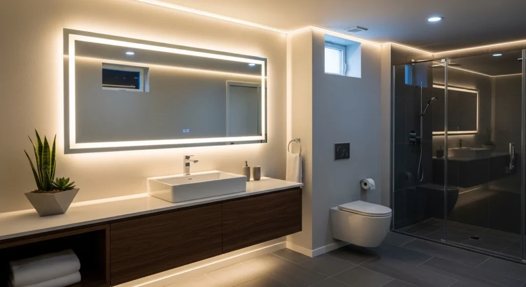 Basement bathroom with LED backlit mirror and ambient lighting