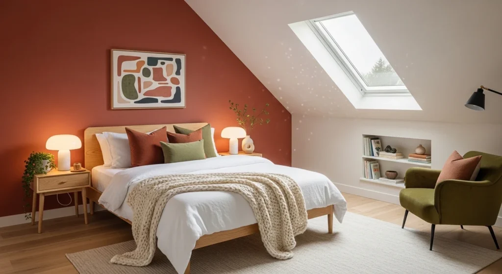 Attic bedroom with accent wall behind the bed