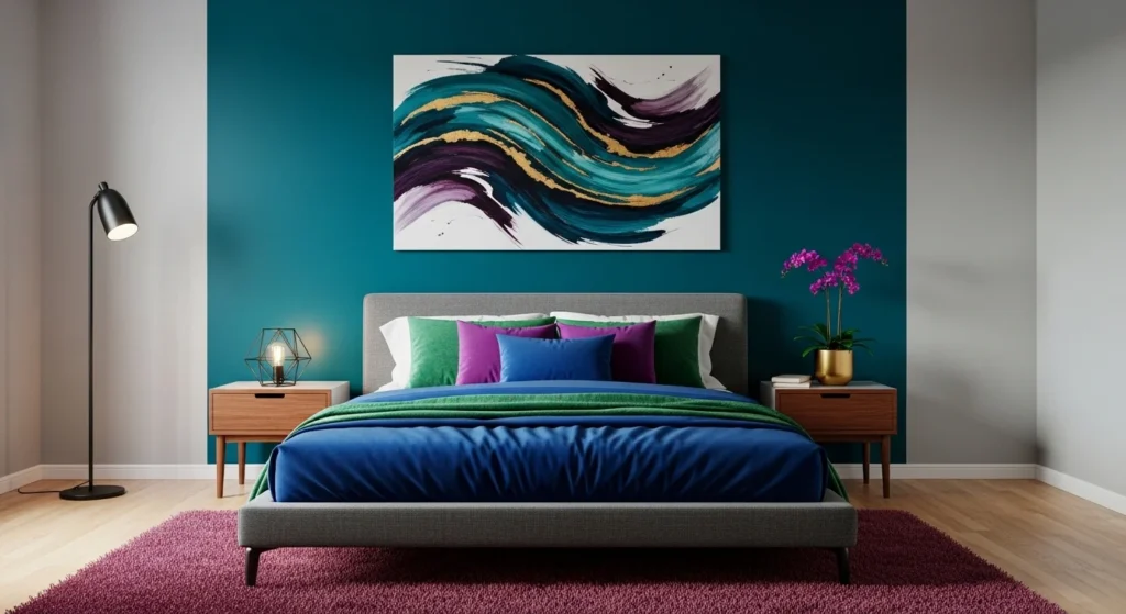 Bedroom with bold accent wall, jewel-toned decor, and minimalist furniture