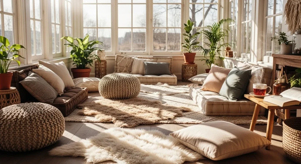 Relaxed sunroom with floor cushions and soft natural light