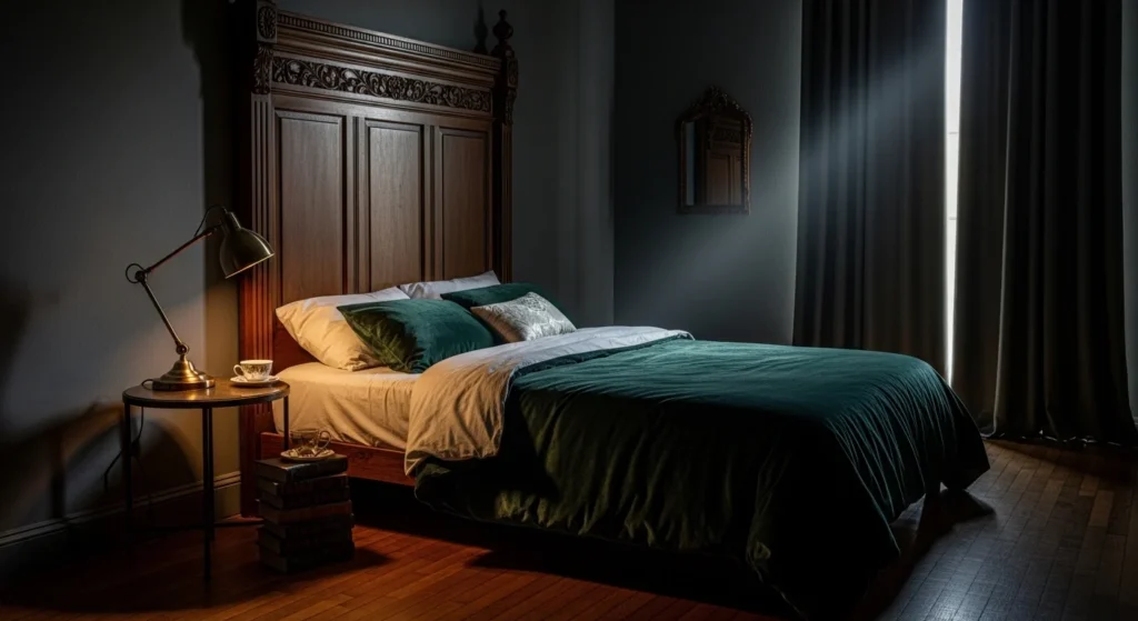 oody bedroom with bold statement headboard design