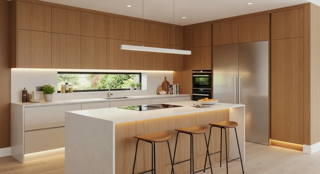 Kitchen with oak wall paneling adding texture and warmth