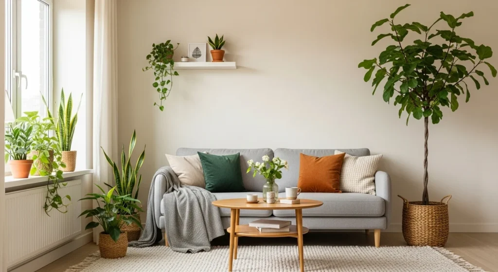 Compact living room styled with indoor plants, natural daylight, and a fresh modern atmosphere