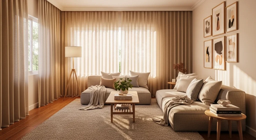 Cozy living room styled with warm beige curtains