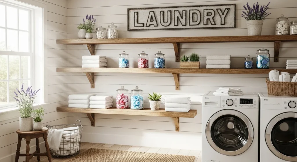 Laundry room with rustic wooden shelves for cozy farmhouse style