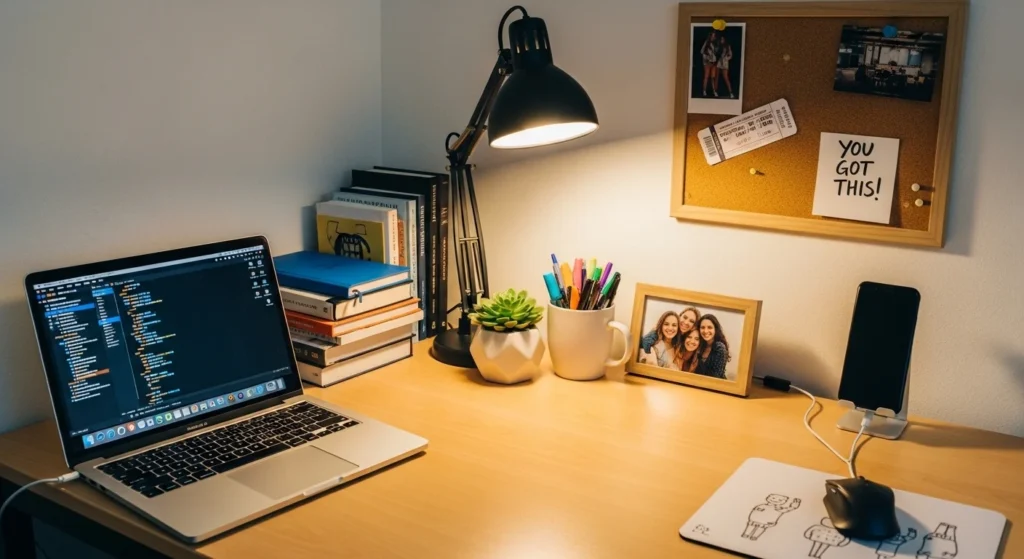 Dorm study desk decorated with personal items and organizers