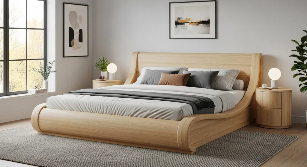 Wooden bed with curved frame in cozy modern bedroom