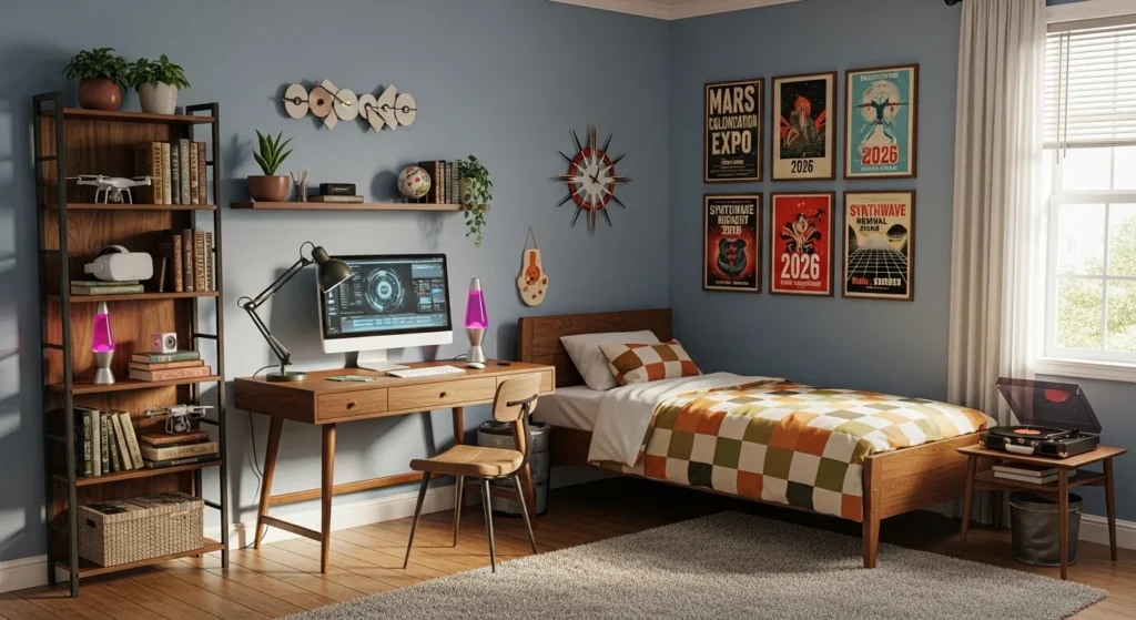 Boys bedroom with retro furniture, warm wood tones, and nostalgic decor