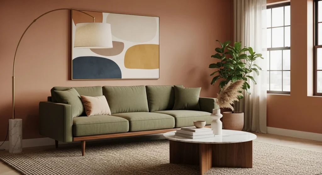 Stylish living room with mid-century modern sofa and wooden legs