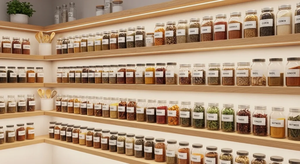 Kitchen pantry spice section with neatly arranged jars