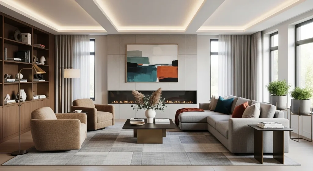 Luxury living room styled with muted accent colors