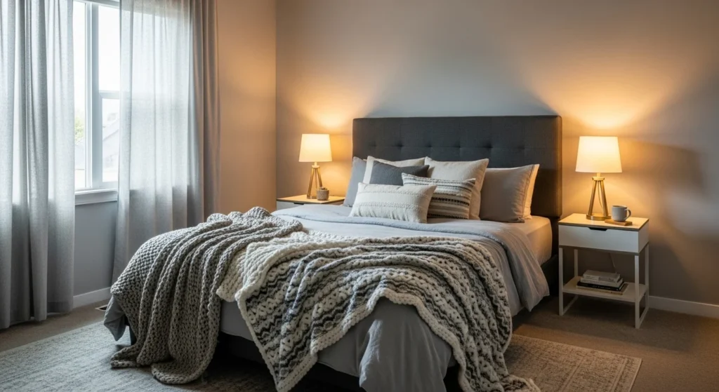Cozy gray bedroom with warm lighting, layered textures, and a calm modern feel