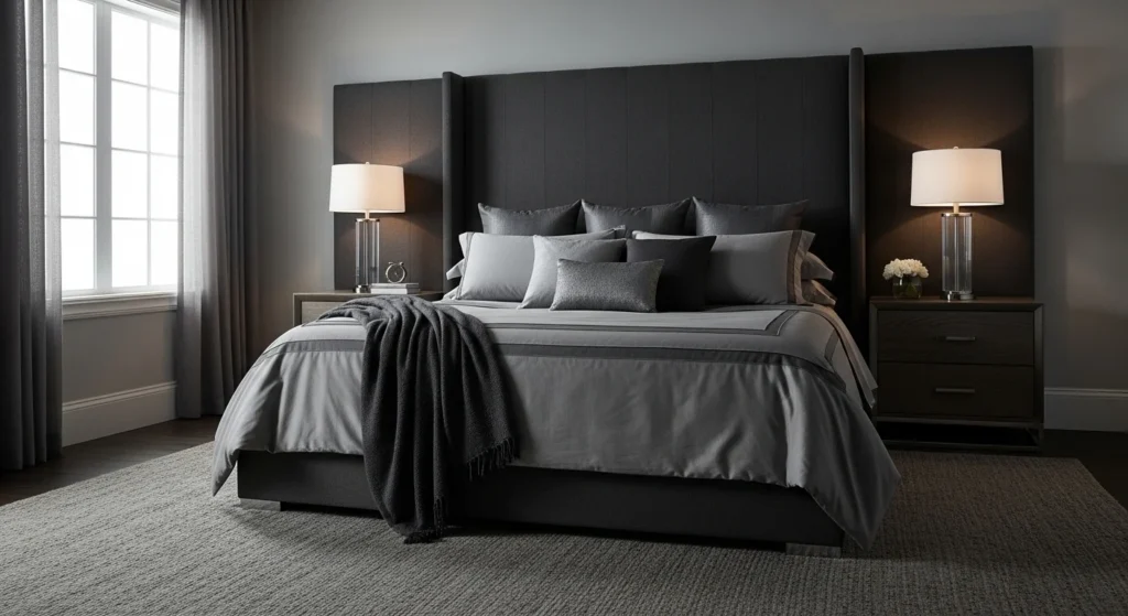 Gray bedroom featuring plush upholstered headboard and bedding