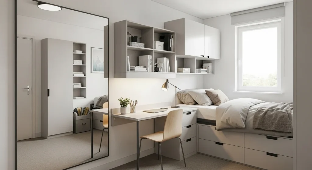 Small dorm room featuring large mirrors to make the space feel bigger