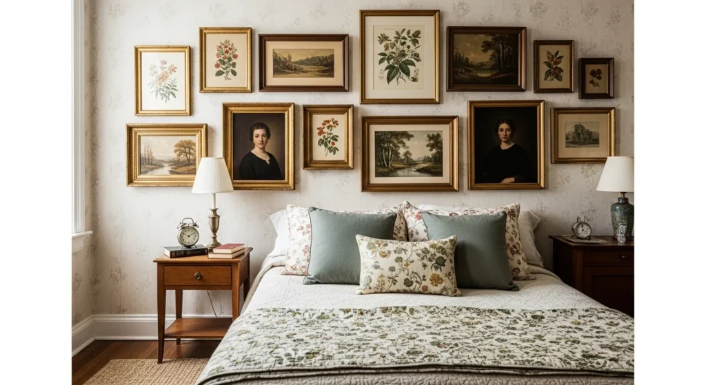 Vintage bedroom with classic framed artwork gallery wall