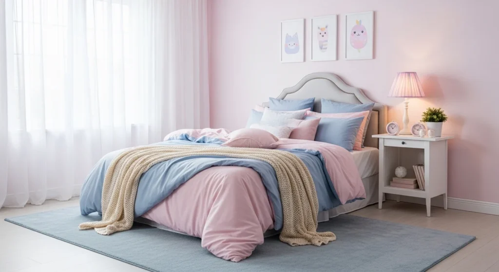 Teen bedroom with soft pastel tones and plush bedding