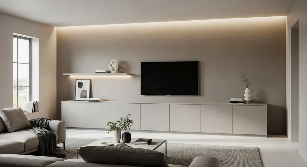 Wall-mounted TV with flush cabinets in modern minimalist living room