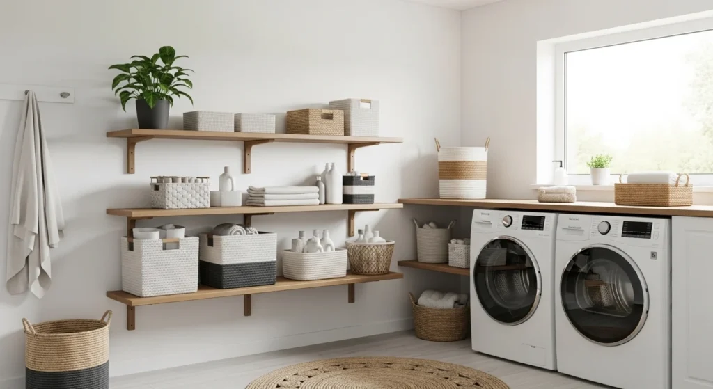 Modern laundry room with open wooden shelves and organized storage baskets
