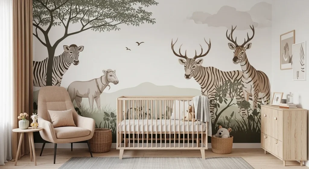 Safari nursery with animal wall mural and wooden crib