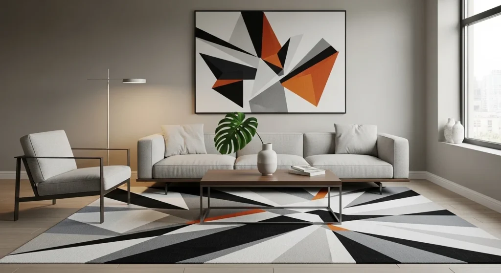 Modern parlor with bold geometric rug, neutral sofa, sleek furniture, and minimalist décor