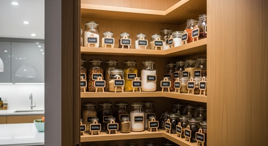 Kitchen pantry with labeled jars and baskets using chalkboard tags