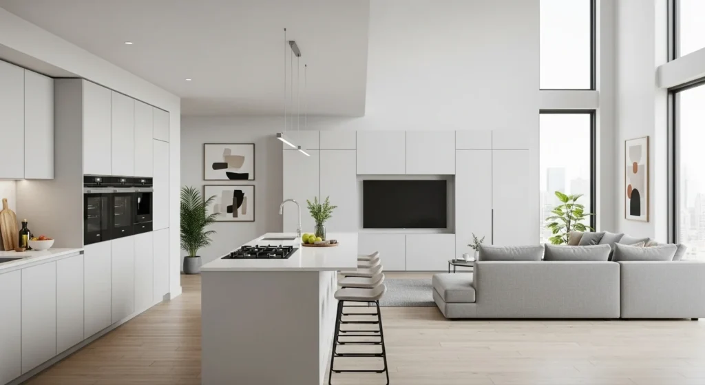 Open kitchen living room featuring built-in storage cabinets for a clean and seamless look