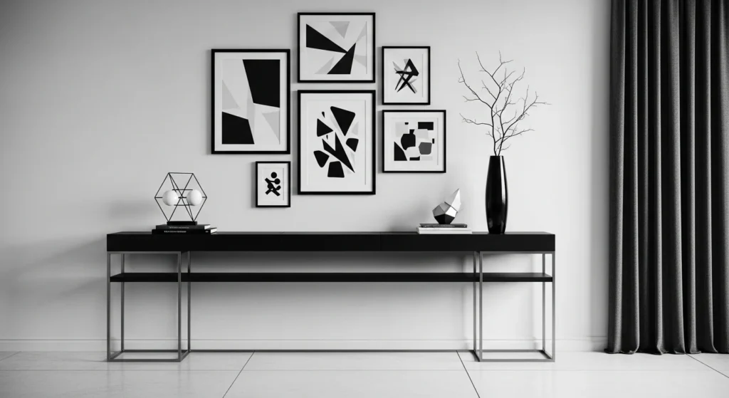 Contemporary entryway with black and white color scheme and sleek furniture