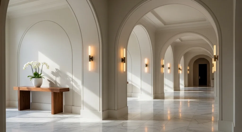Stylish hallway with arched doorway and soft modern lighting