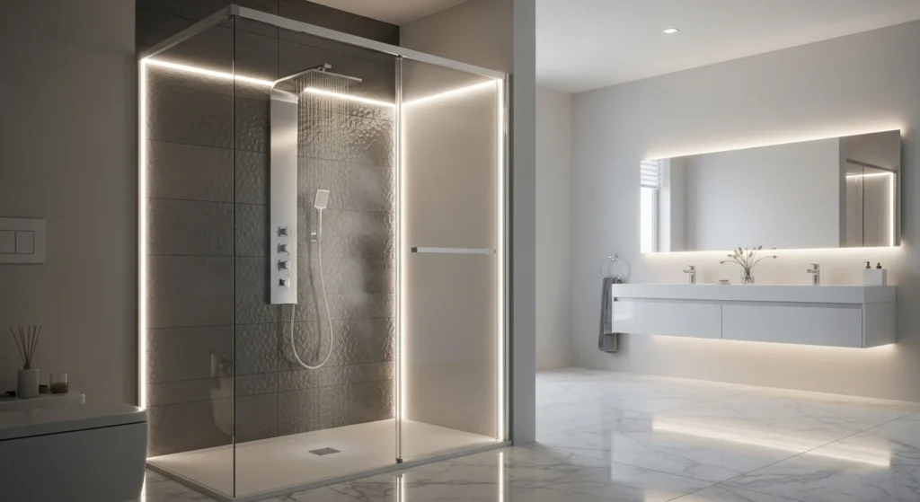 Walk-in shower with LED strip lighting highlighting niches and glass panels
