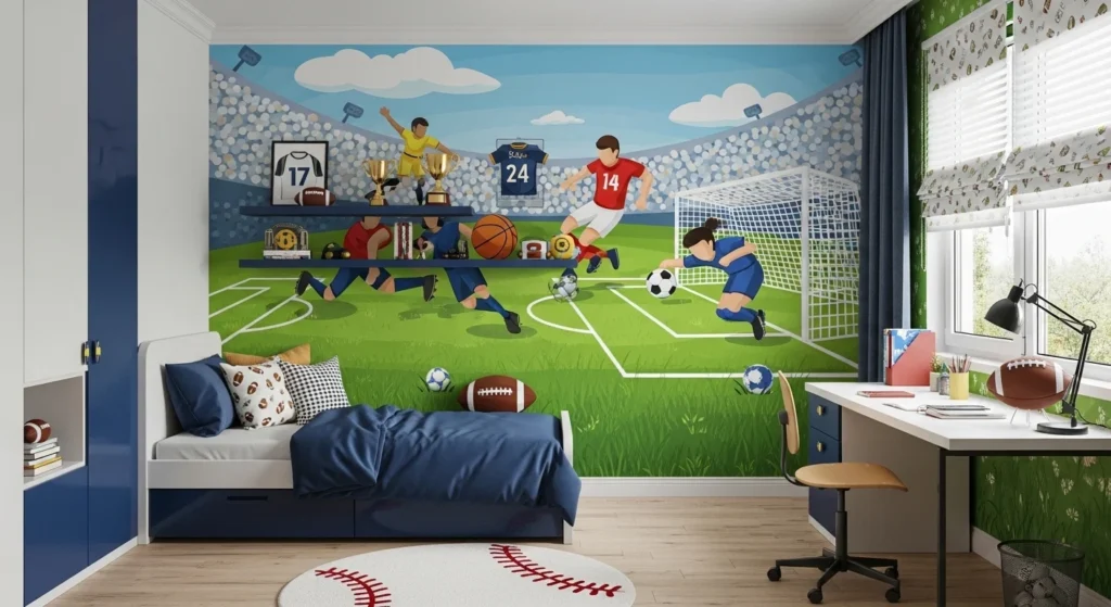 athletic themed kids room with sports wall decor and bold colors