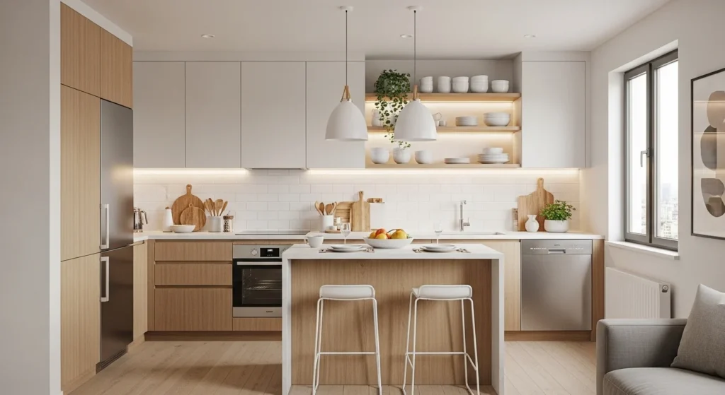 Compact open kitchen design maximizing space with smart storage solutions