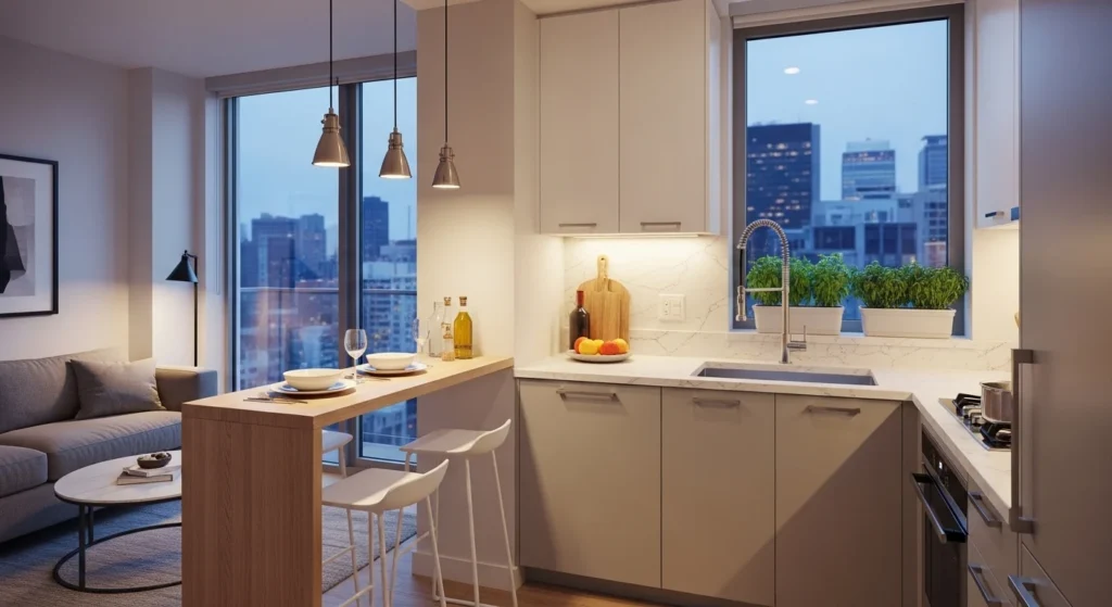 Small apartment kitchen remodeled into open concept modern layout