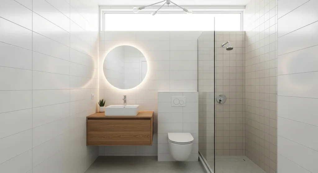 Small bathroom with light-colored tiles, bright airy minimalist 2026 interior