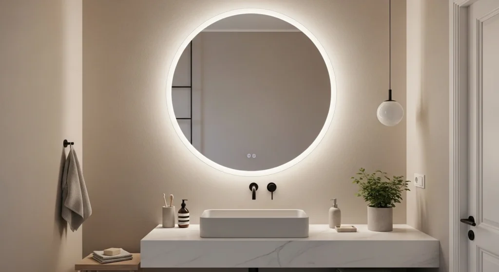 Modern bathroom sink with round mirror creating soft balanced aesthetic