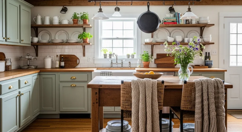 Cozy farmhouse kitchen with soft green cabinets and rustic decor elements