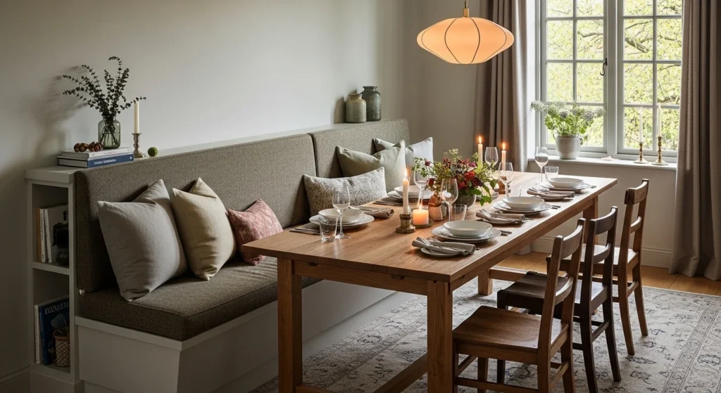 Dining room with built-in bench seating, wooden table, and cozy family-friendly atmosphere