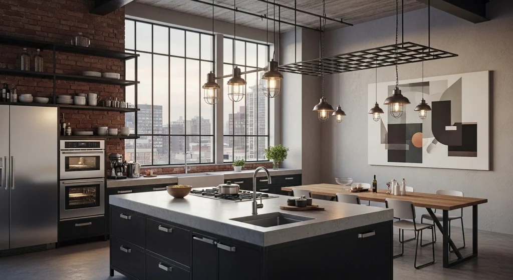 Industrial style kitchen with concrete countertops and metal accents in modern 2026 interior